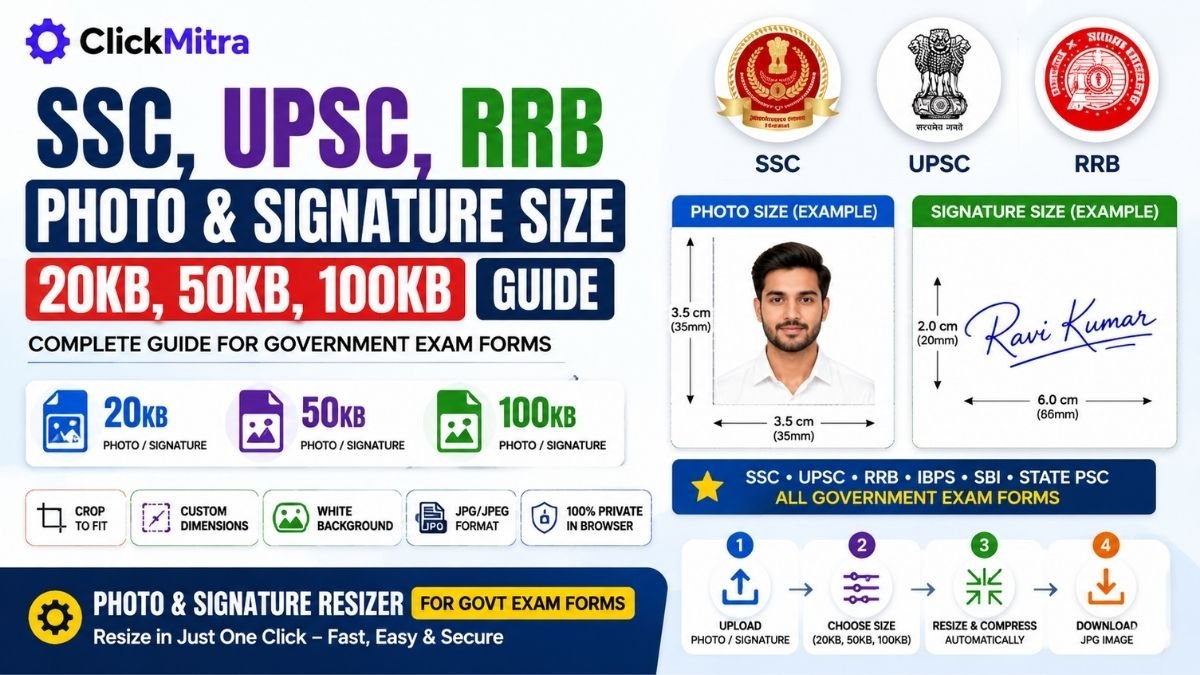 SSC, UPSC, RRB Photo & Signature Size: 20KB, 50KB, 100KB Guide